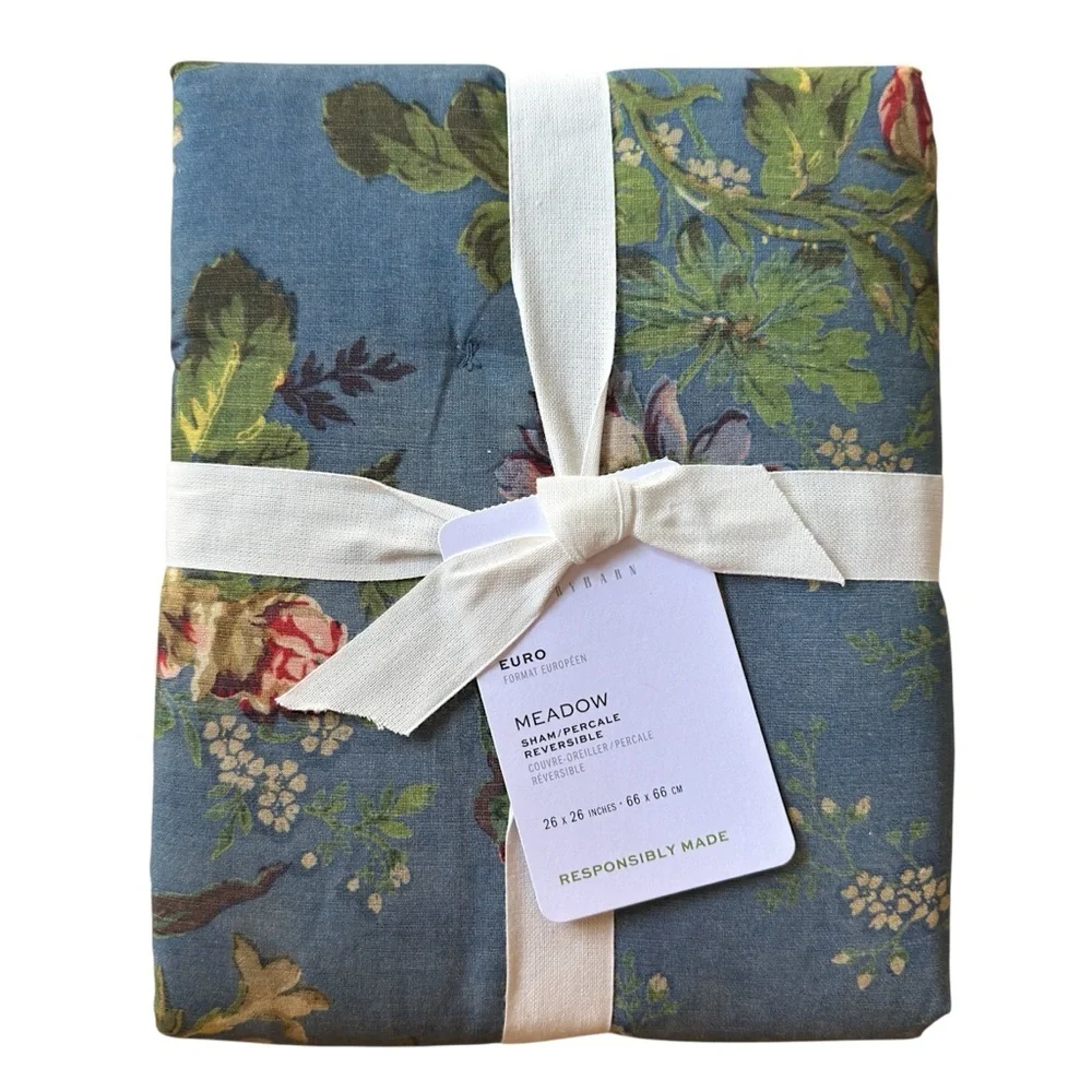 NWT POTTERY BARN EUROPEAN SQUARE MEADOW REVERSIBLE COTTON QUILTED FLORAL SHAM